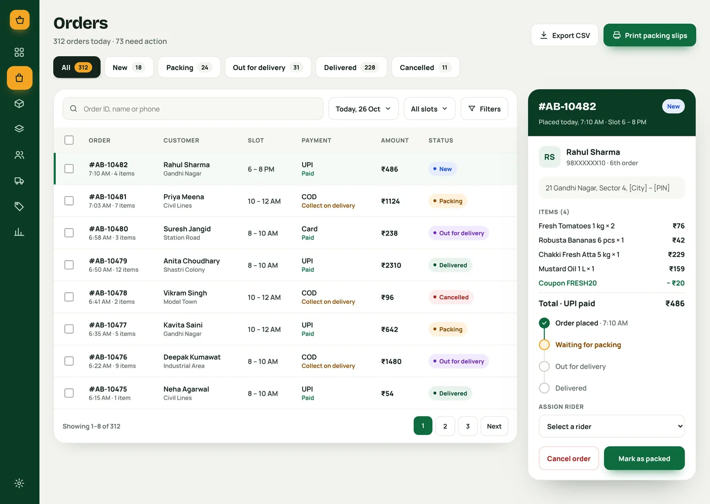 ApnoBazar admin orders list with status tabs, delivery slots, payment status and an order panel with rider assignment