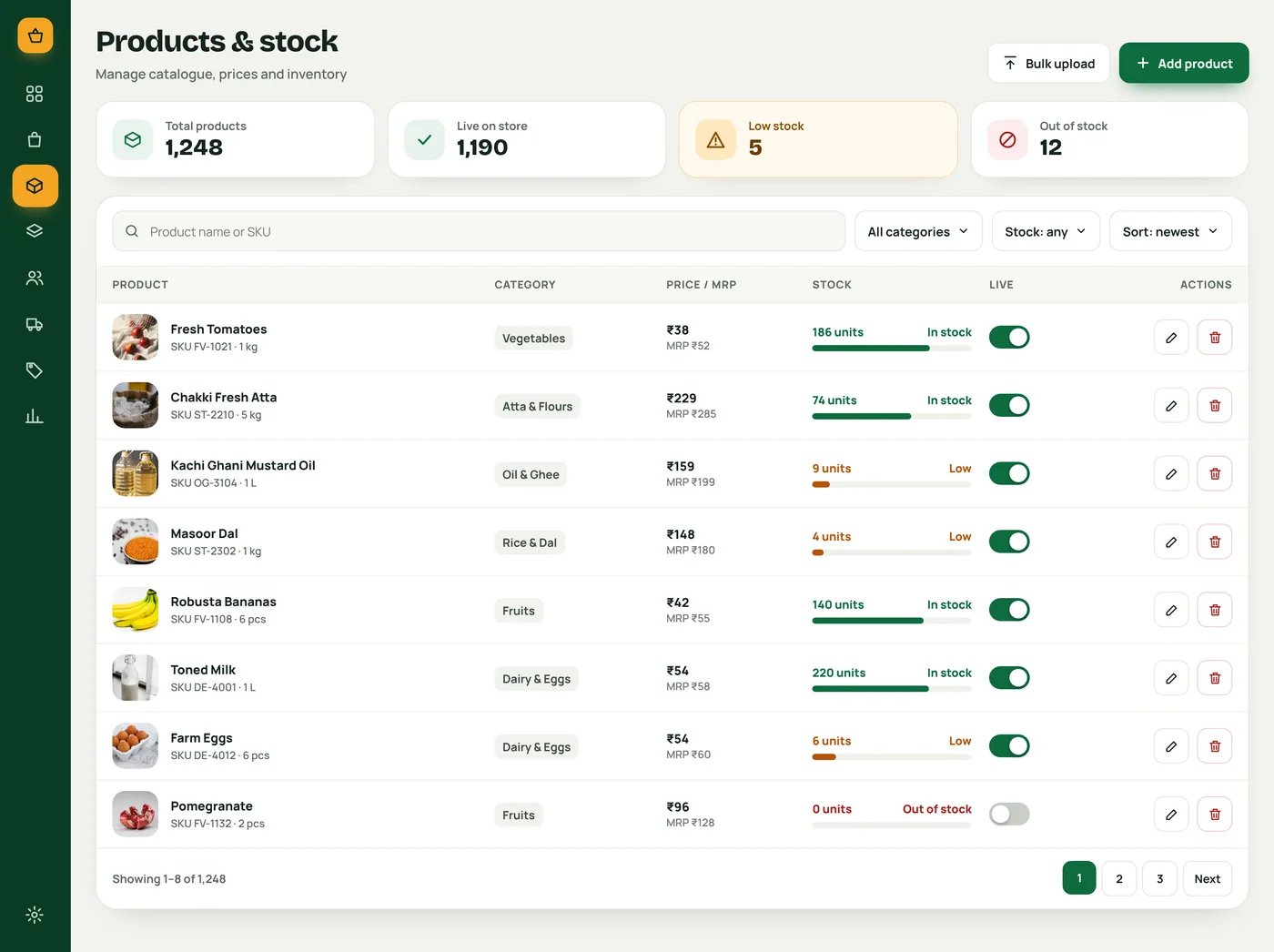 ApnoBazar admin products and stock list with SKU, category, price, stock bars and live toggles