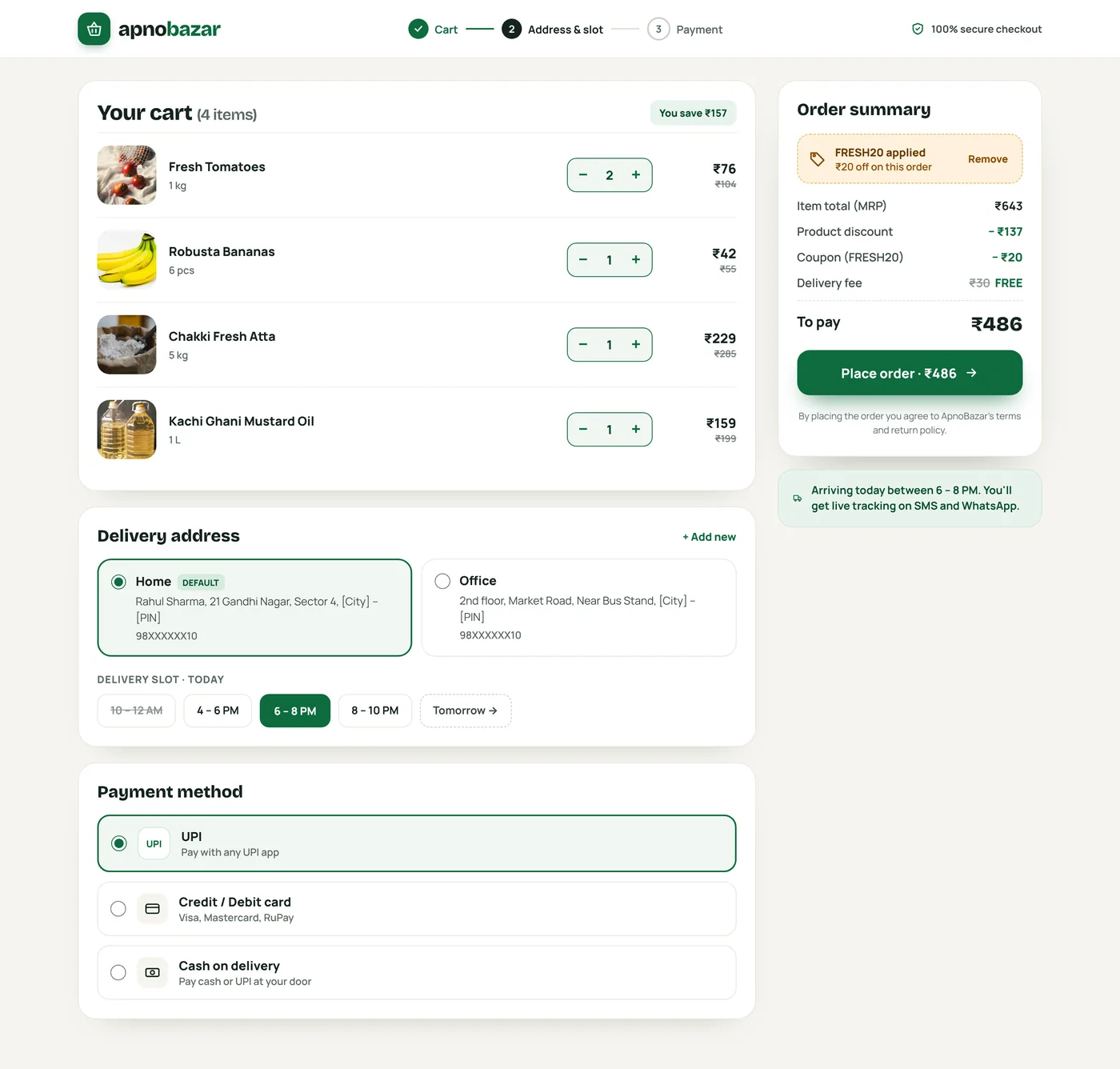 ApnoBazar cart and checkout with coupon, order summary, delivery address, delivery slot and payment methods