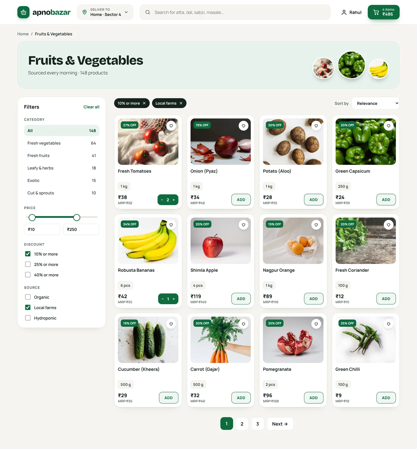 ApnoBazar fruits and vegetables listing with category, price, discount and source filters