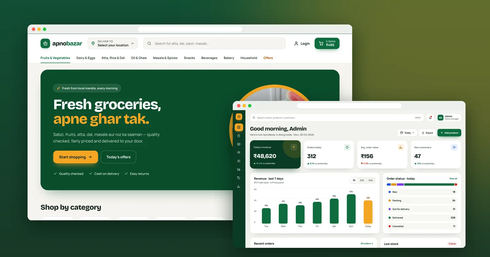 ApnoBazar grocery e-commerce website by Technosquare: storefront home page and admin dashboard