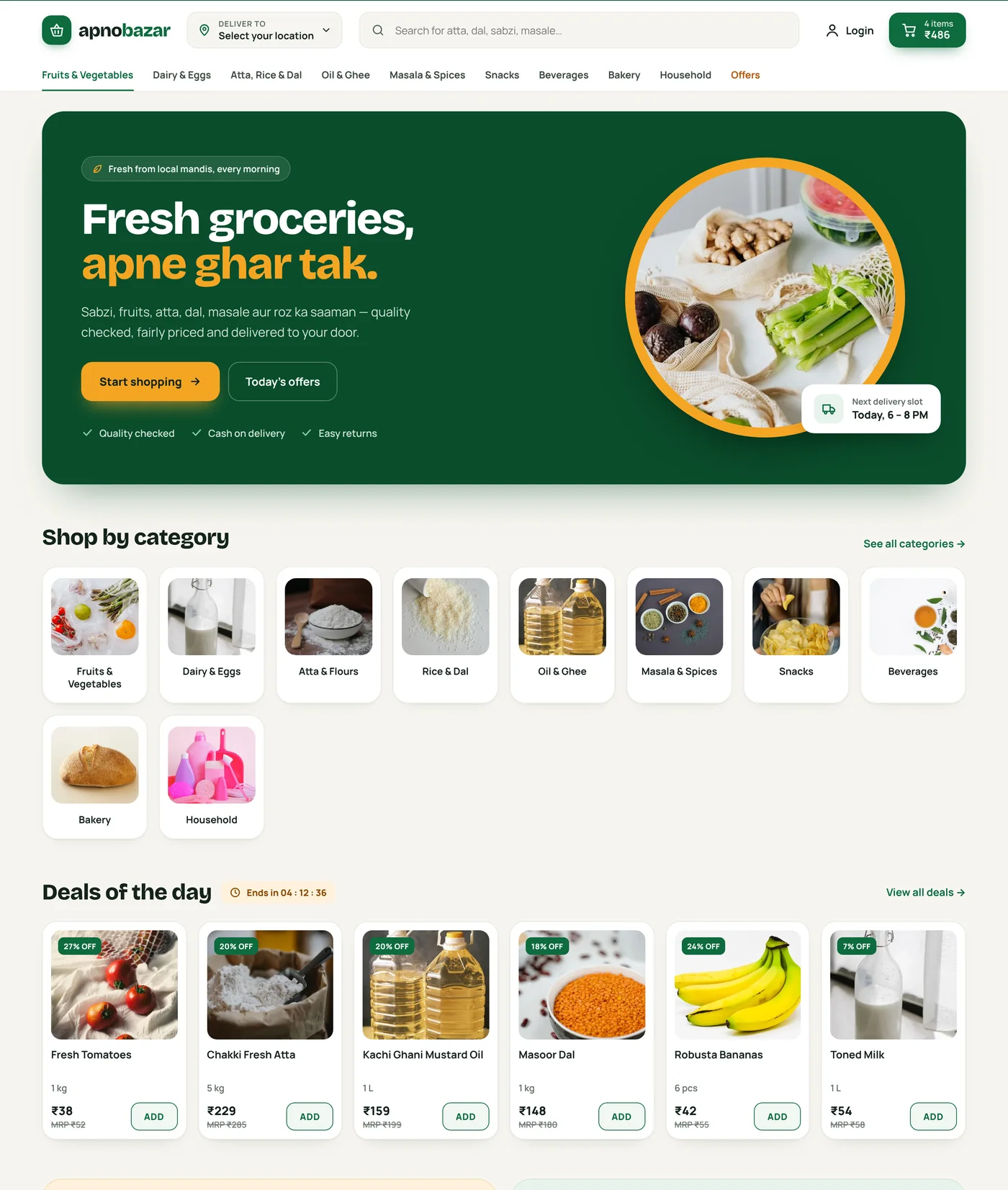 ApnoBazar grocery home page with hero banner, shop by category tiles and deals of the day