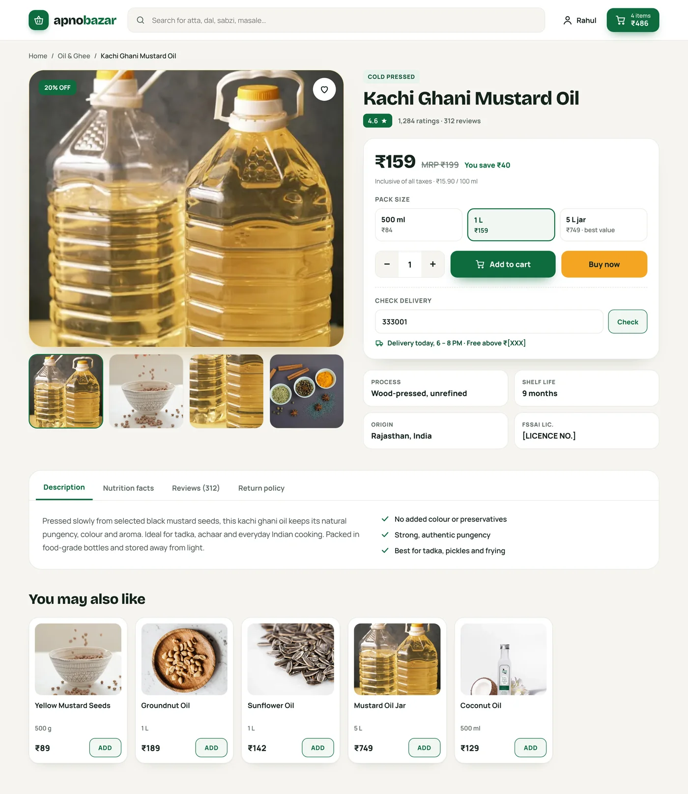 ApnoBazar product page for mustard oil with pack sizes, add to cart, delivery check and related products