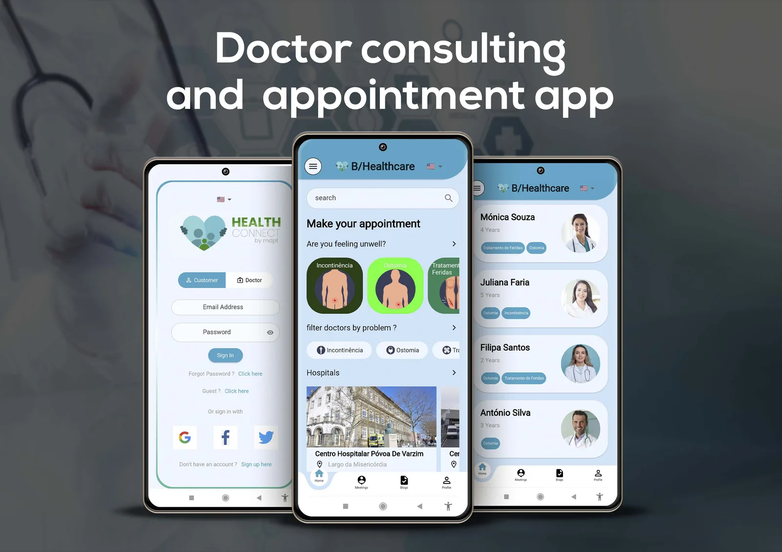 BHealthcare app screens: specialty filters, doctor profiles and appointments