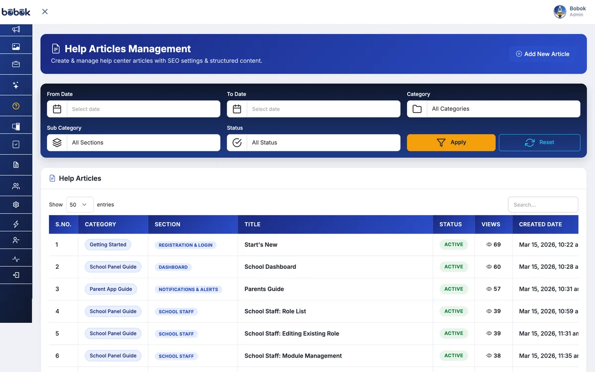 BOBOK admin console help centre management listing guides for the school panel and parent app with category, status and views