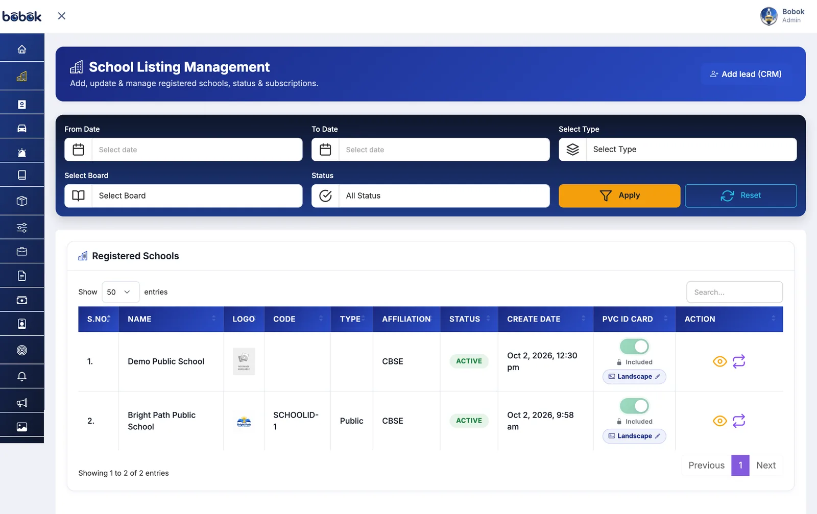 BOBOK admin console school listing with filters, registered schools, board affiliation, status and PVC ID card settings