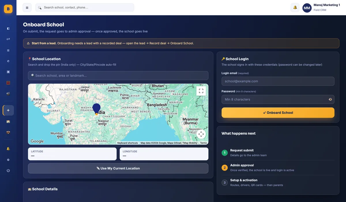 BOBOK field CRM school onboarding form with map location pin, school details and school login setup