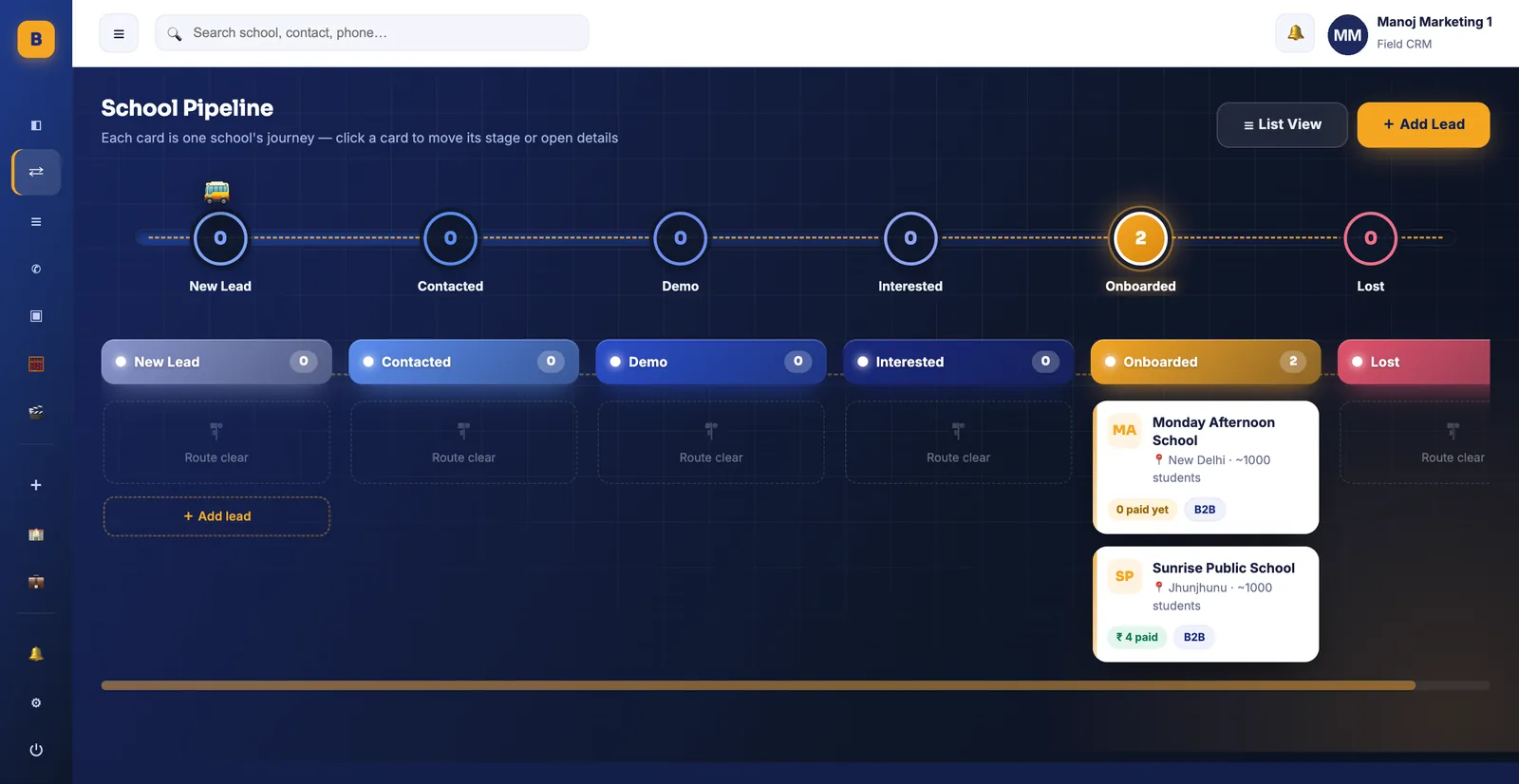 BOBOK field CRM school pipeline board with stages New Lead, Contacted, Demo, Interested and Onboarded