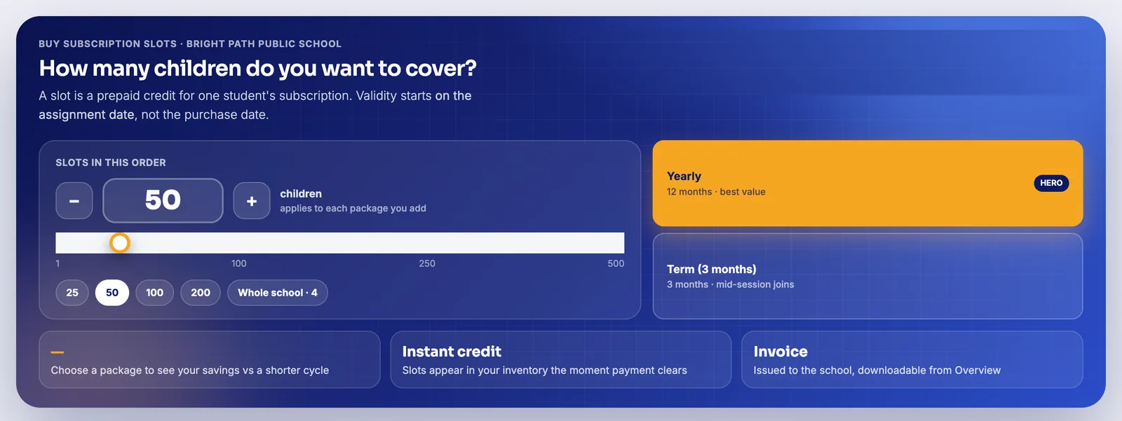 BOBOK school panel subscription slot purchase screen where a school chooses how many children to cover on a yearly or term plan