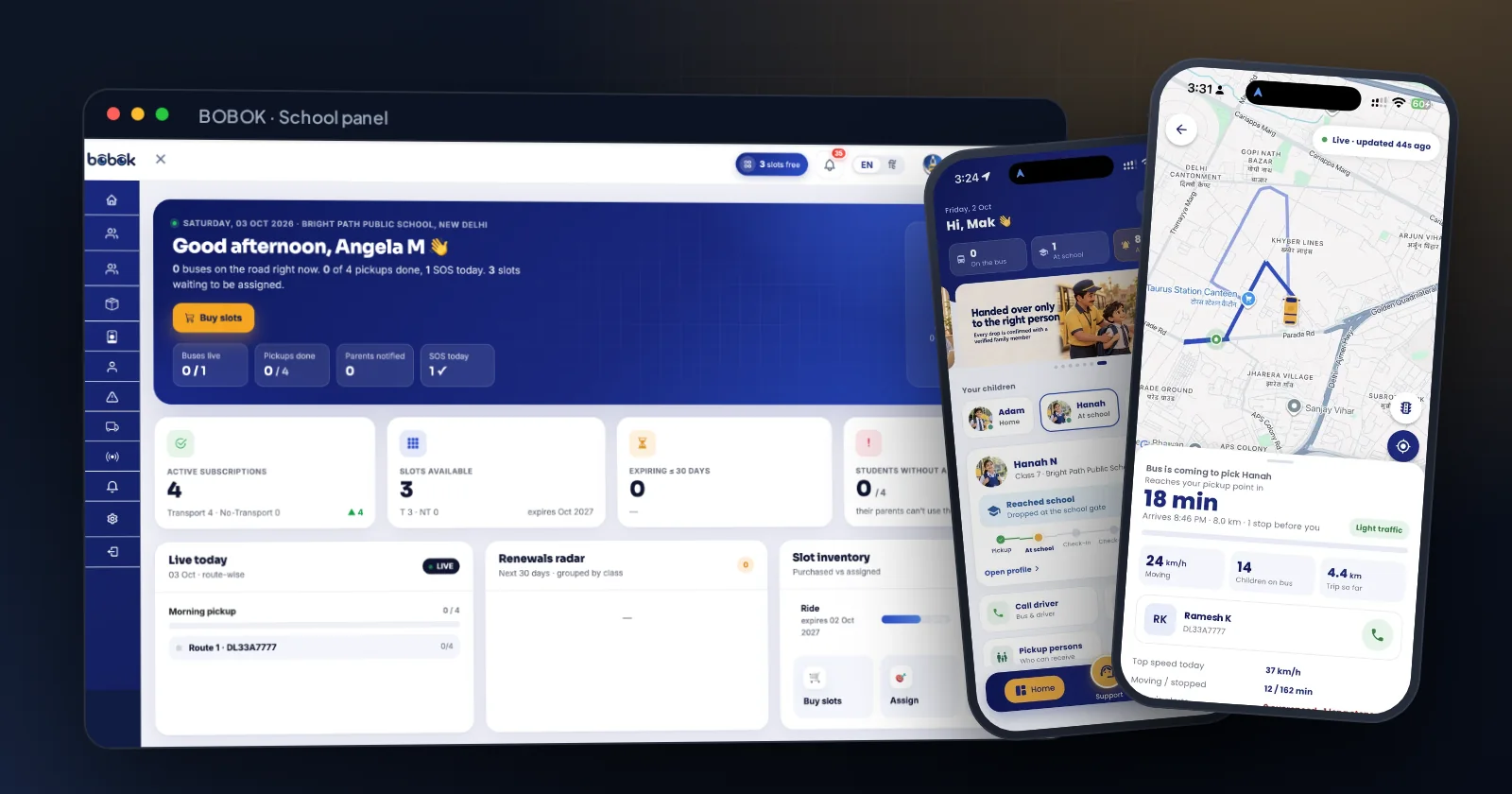 BOBOK school transport safety platform by Technosquare: school panel dashboard alongside the parent app showing live school bus tracking
