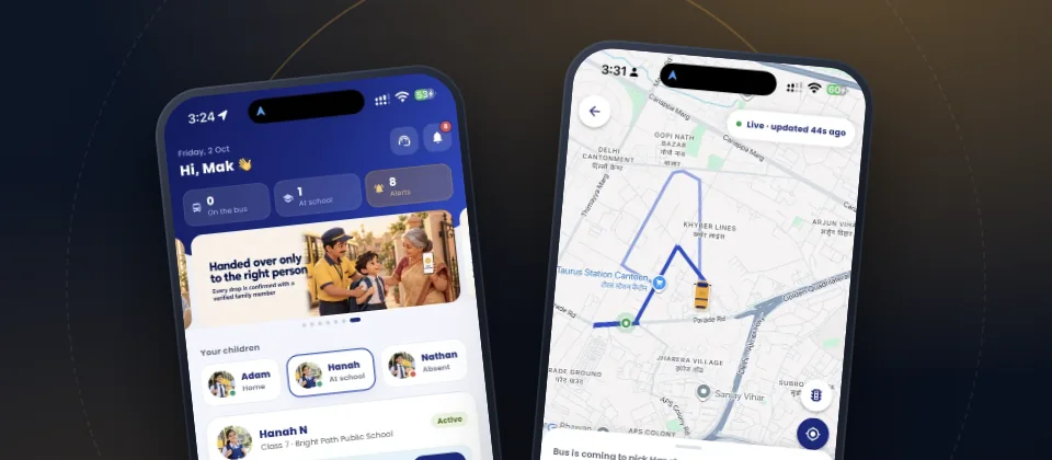 BOBOK school transport safety app by Technosquare: parent home screen and live school bus tracking