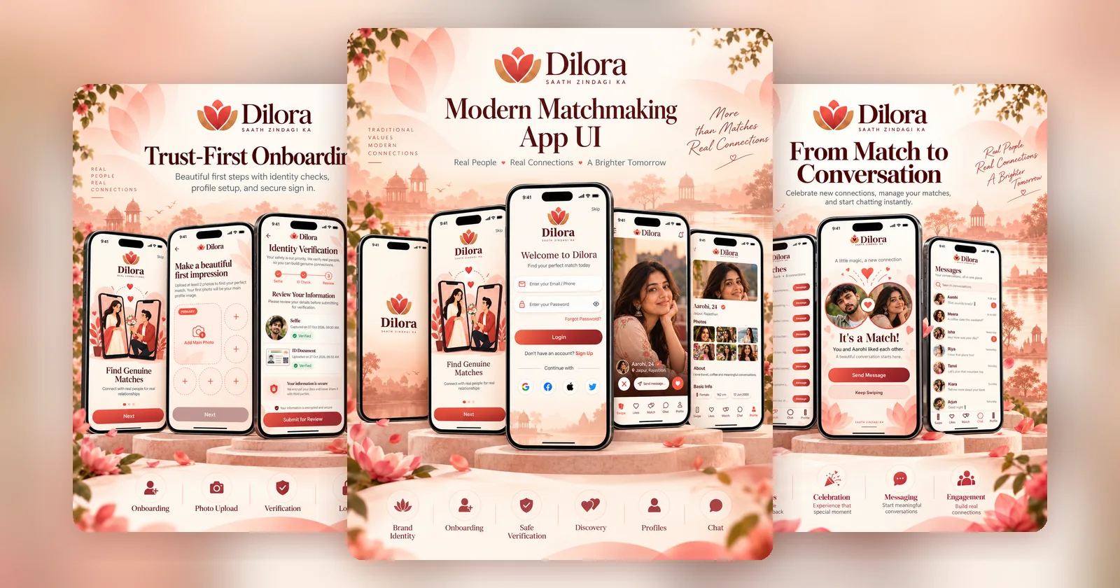 Dilora matchmaking app by Technosquare: splash, onboarding, login, swipe and verified profile screens