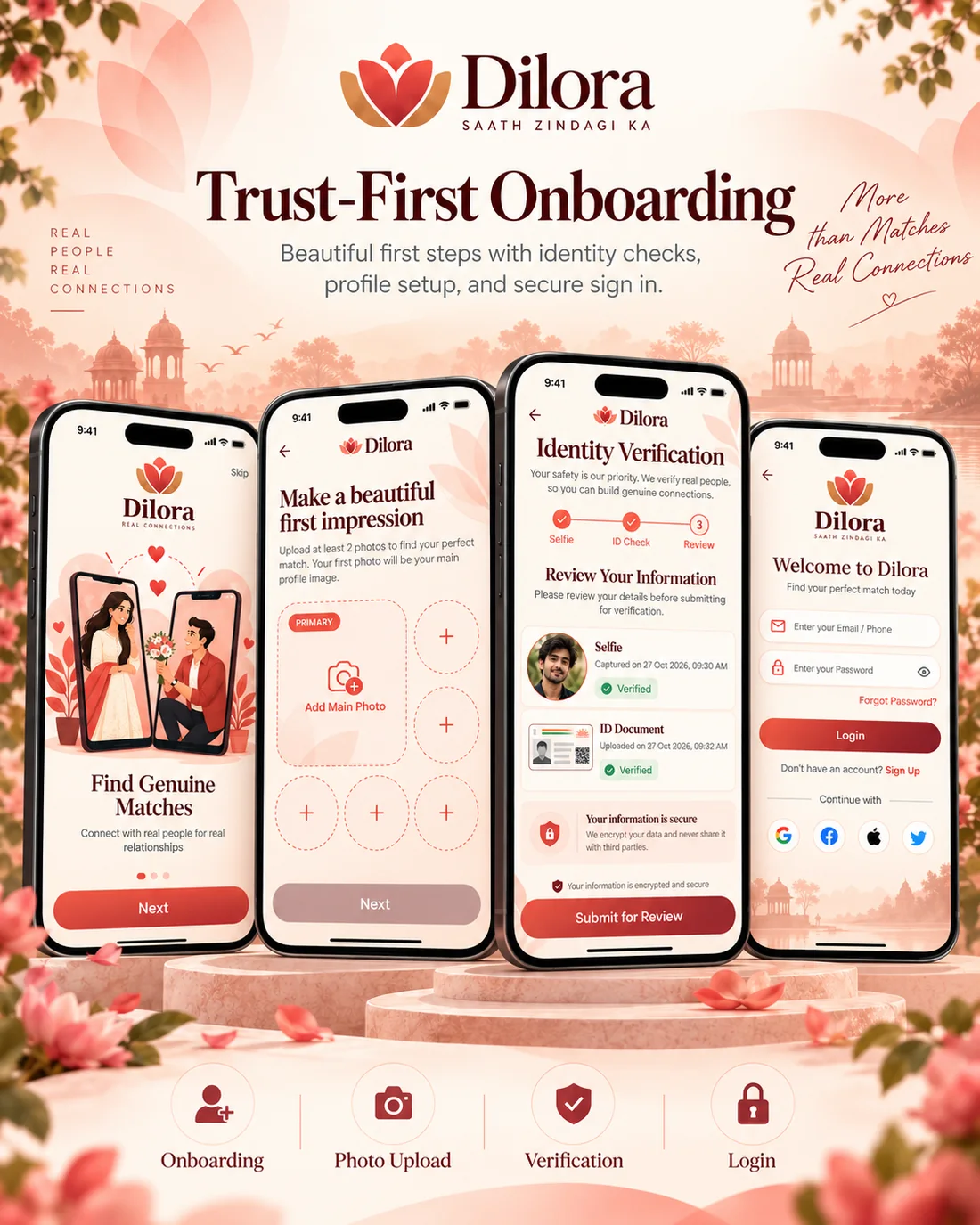 Dilora onboarding, photo upload, identity verification with selfie and ID document review, and login screens