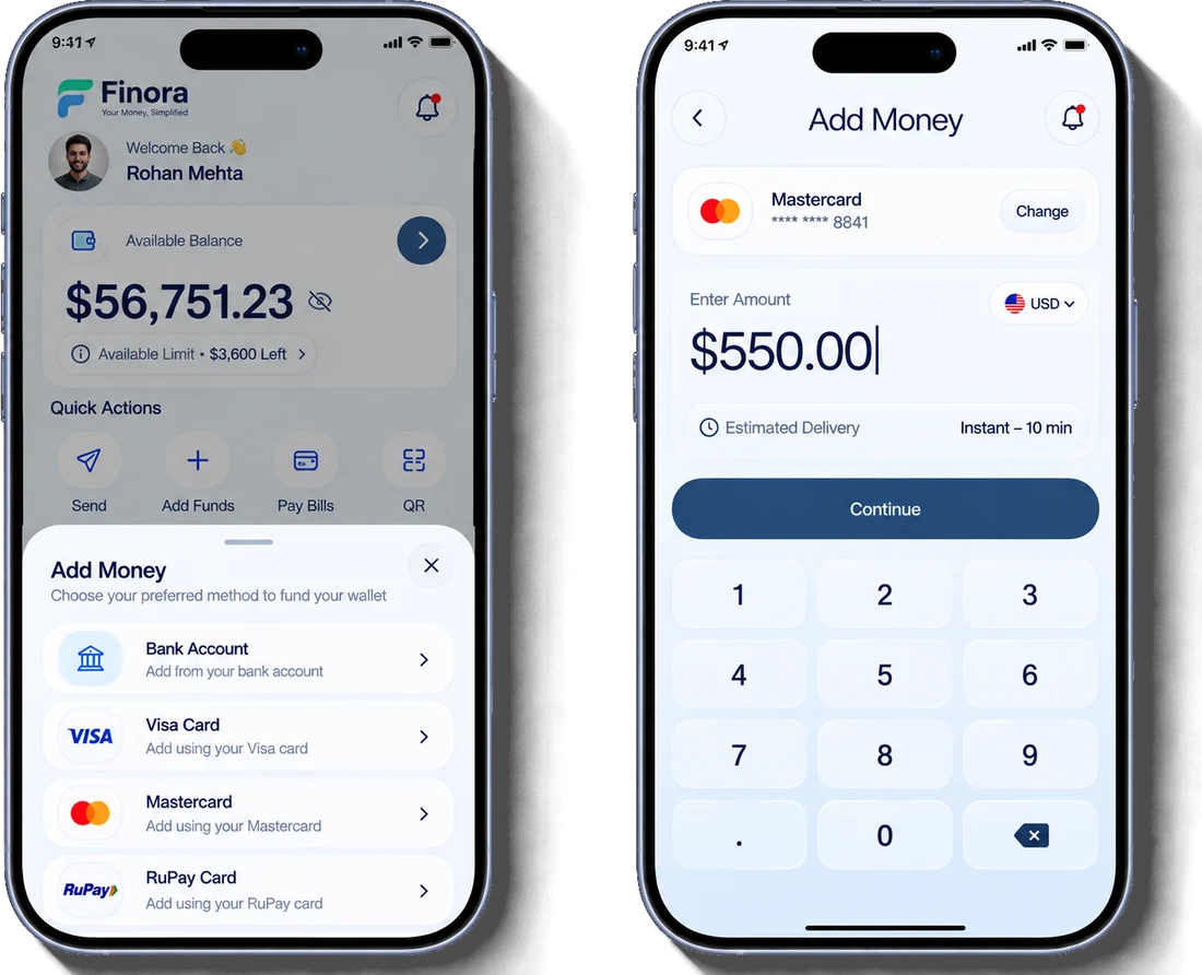 Finora add money sheet with bank account, Visa, Mastercard and RuPay card options, and the add money amount keypad with estimated delivery