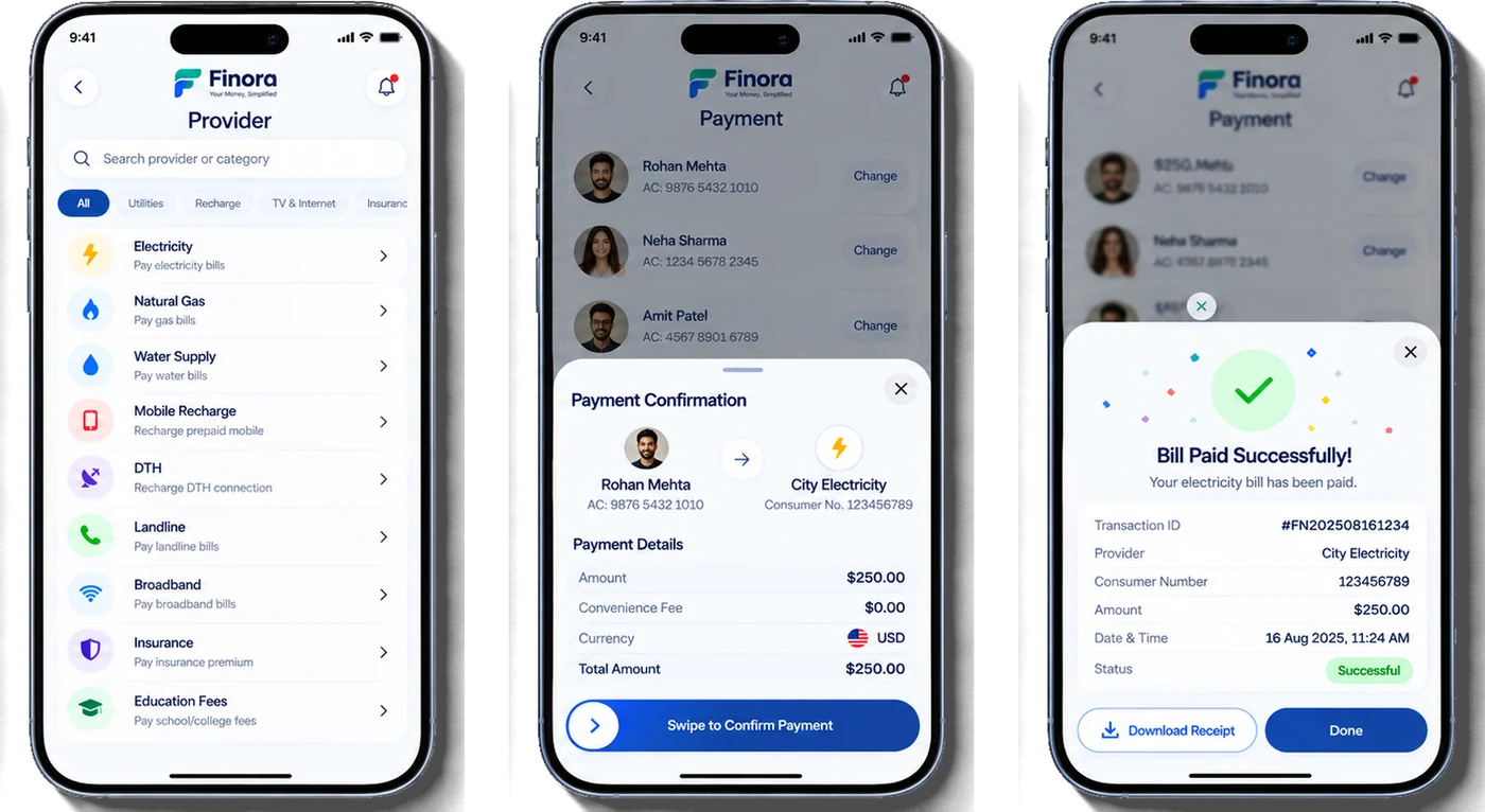 Finora bill payment screens: provider categories for electricity, gas, water and recharge, payment confirmation with swipe to pay, and bill paid successfully receipt