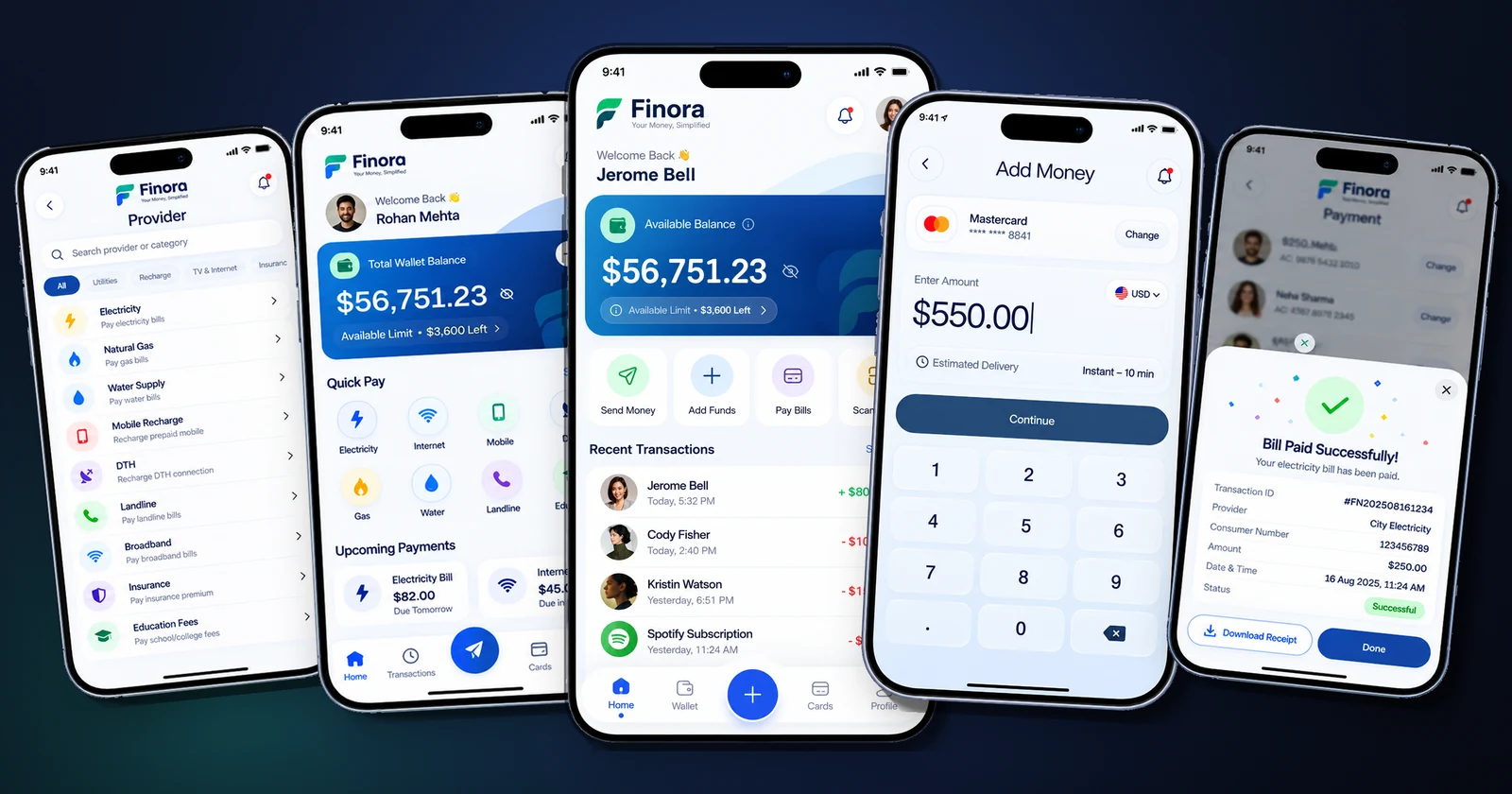 Finora digital wallet app by Technosquare: bill providers, quick pay home, wallet home with balance, add money keypad and bill paid receipt