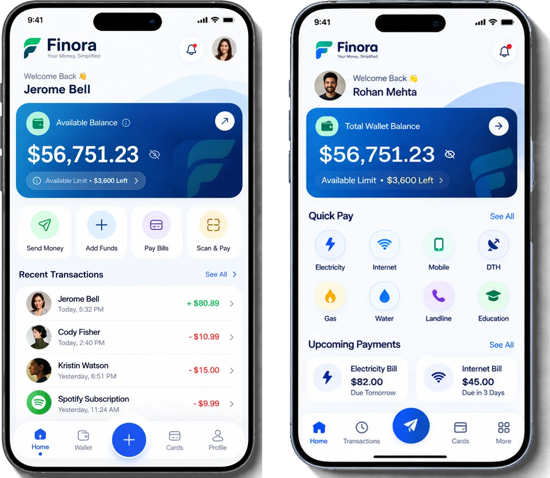 Finora wallet app home screen with balance, available limit, quick actions and recent transactions, next to the quick pay home with upcoming bills