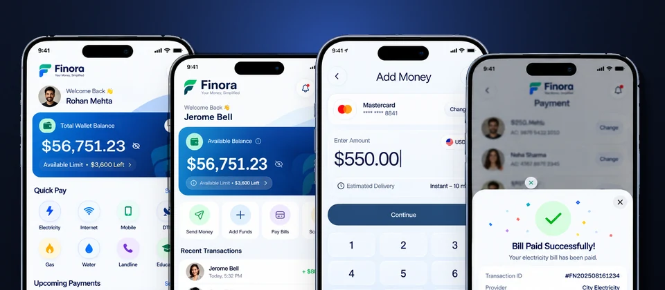 Finora digital wallet and bill payments app by Technosquare: quick pay home, wallet home, add money and bill paid screens