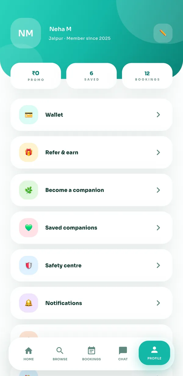 GYP app profile screen with wallet, refer and earn, become a companion, saved companions and safety centre