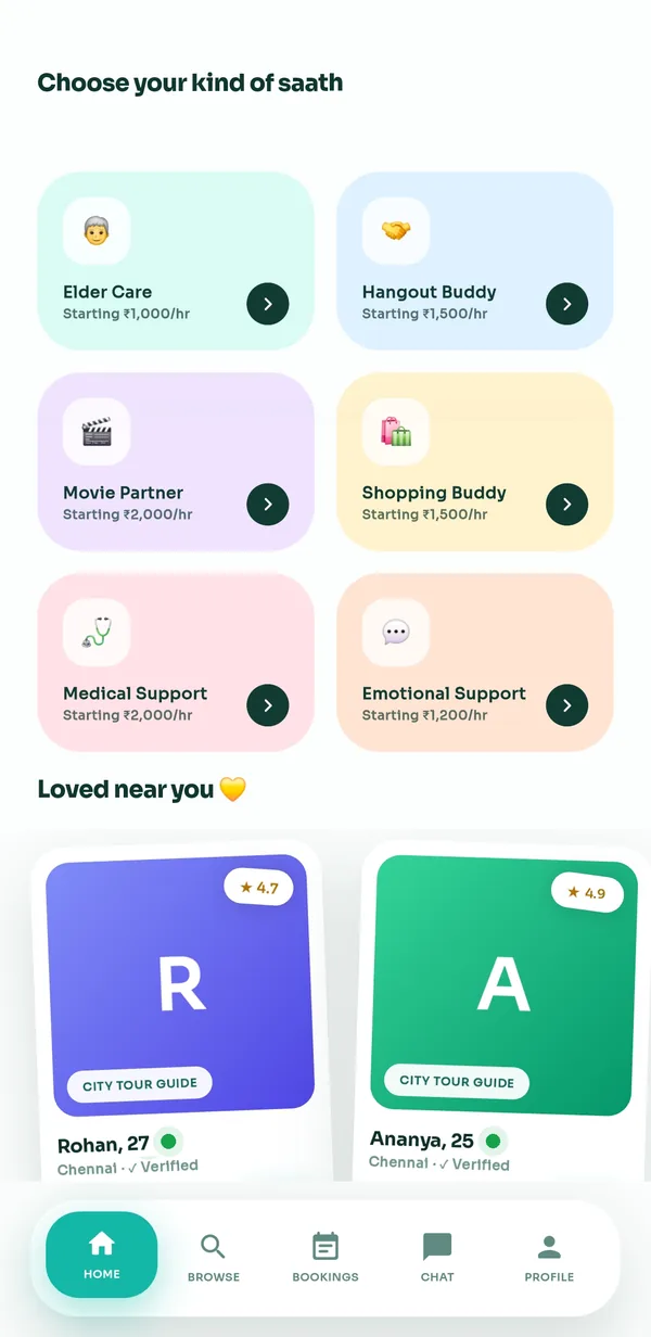GYP app services screen listing elder care, hangout buddy, movie partner, shopping buddy, medical and emotional support with starting hourly prices