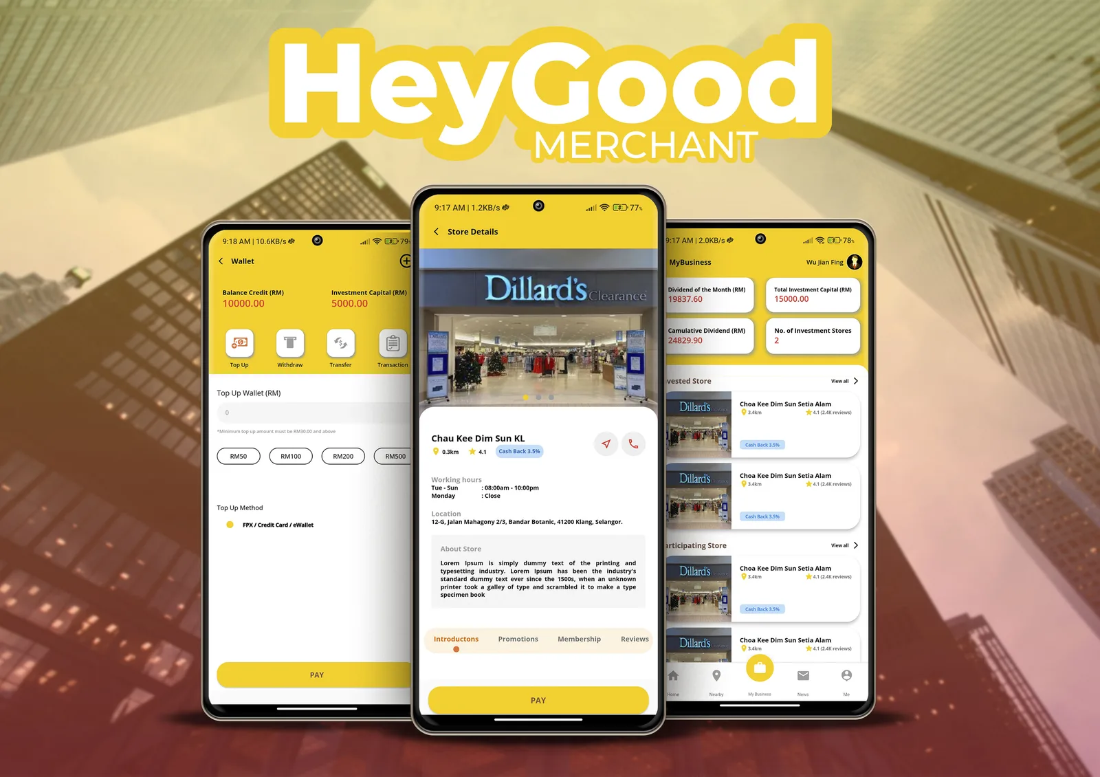 HeyGood wallet, store details and investment dashboard