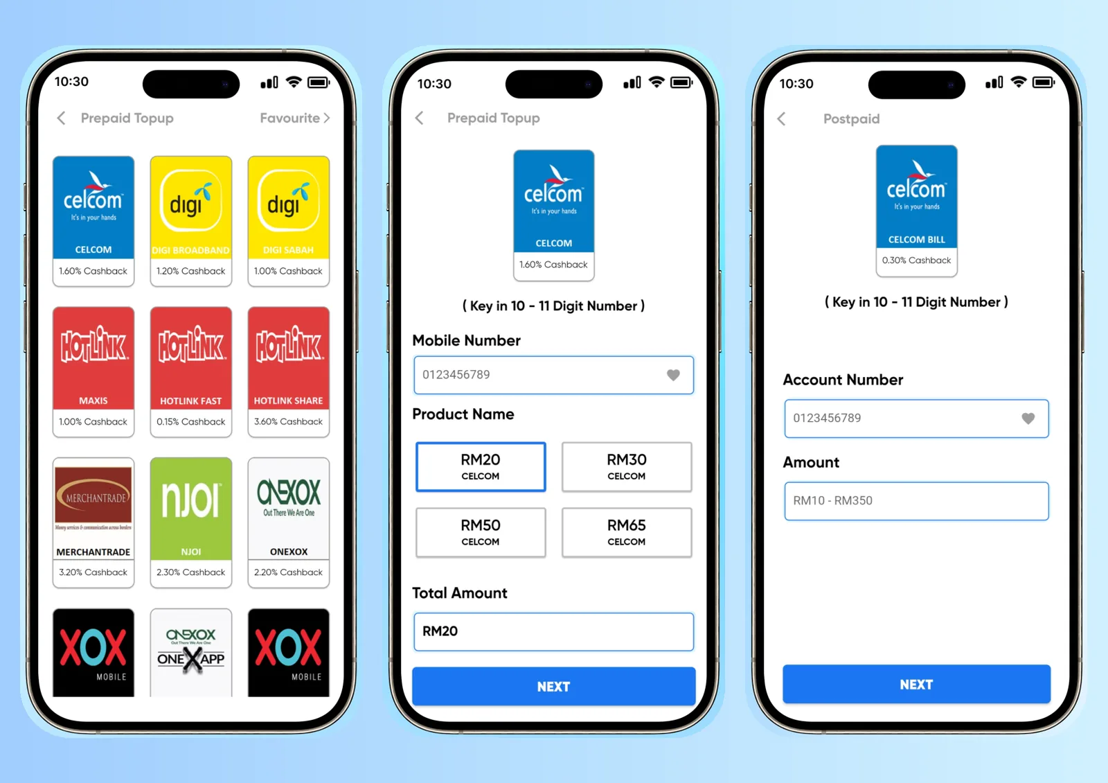 JGOO prepaid topup catalogue with Malaysian telco operators, cashback rates and postpaid bill payment flow