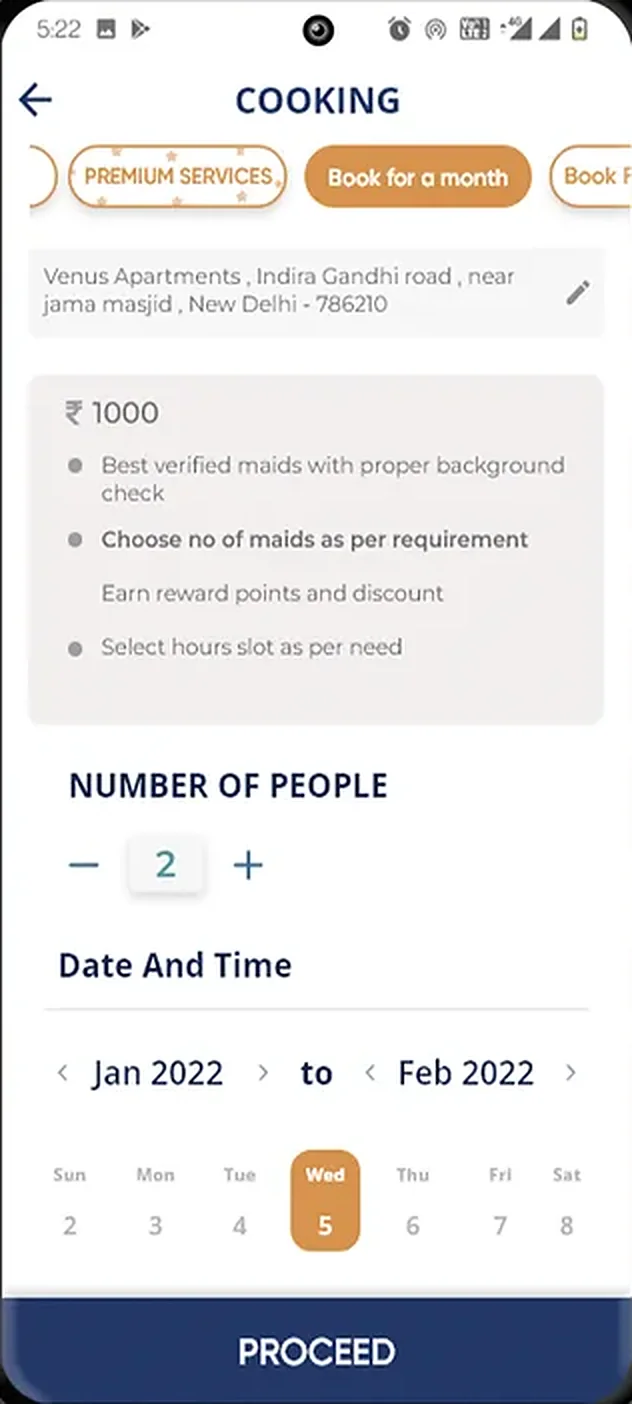 Onion app cooking booking screen with address, number of people and a date range