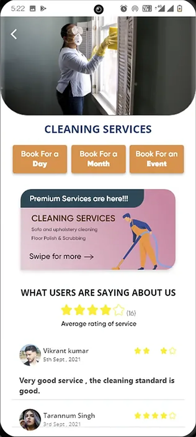 Onion app cleaning services screen with options to book for a day, a month or an event, and customer reviews