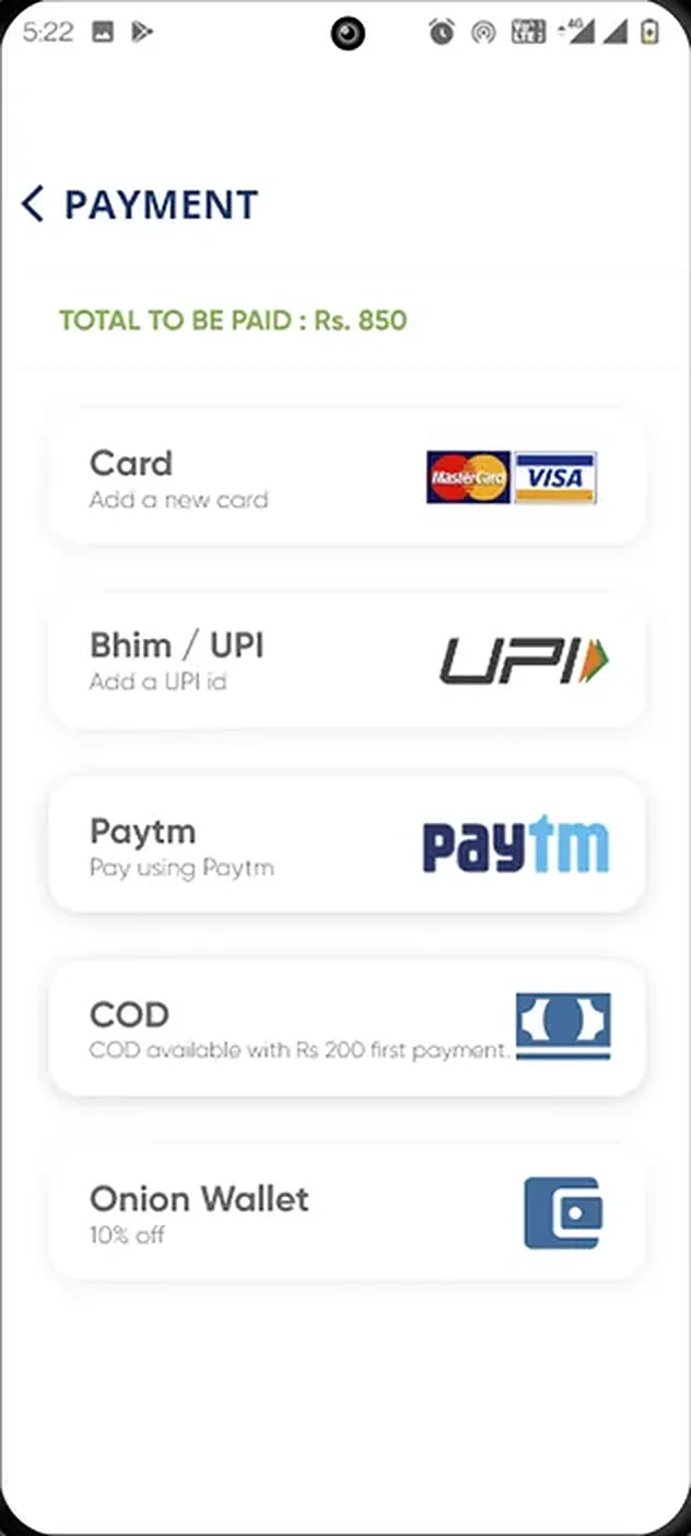 Onion app payment screen with card, BHIM UPI, Paytm, cash on delivery and Onion wallet