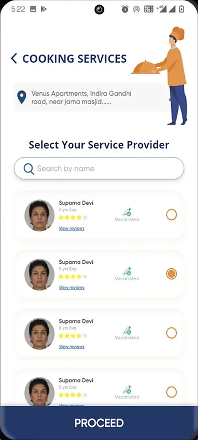 Onion app service provider selection showing rating, experience and vaccination badge for each provider