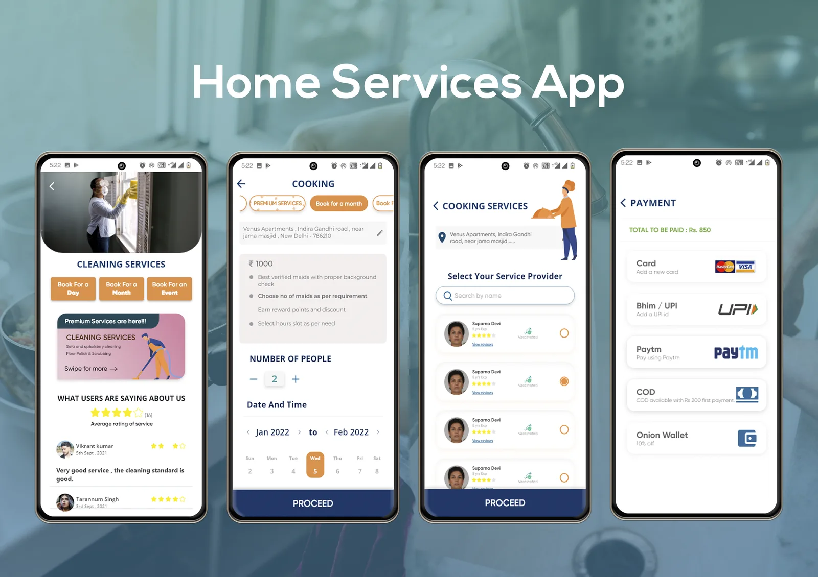 Onion booking flow: service selection, scheduling, provider choice and payment