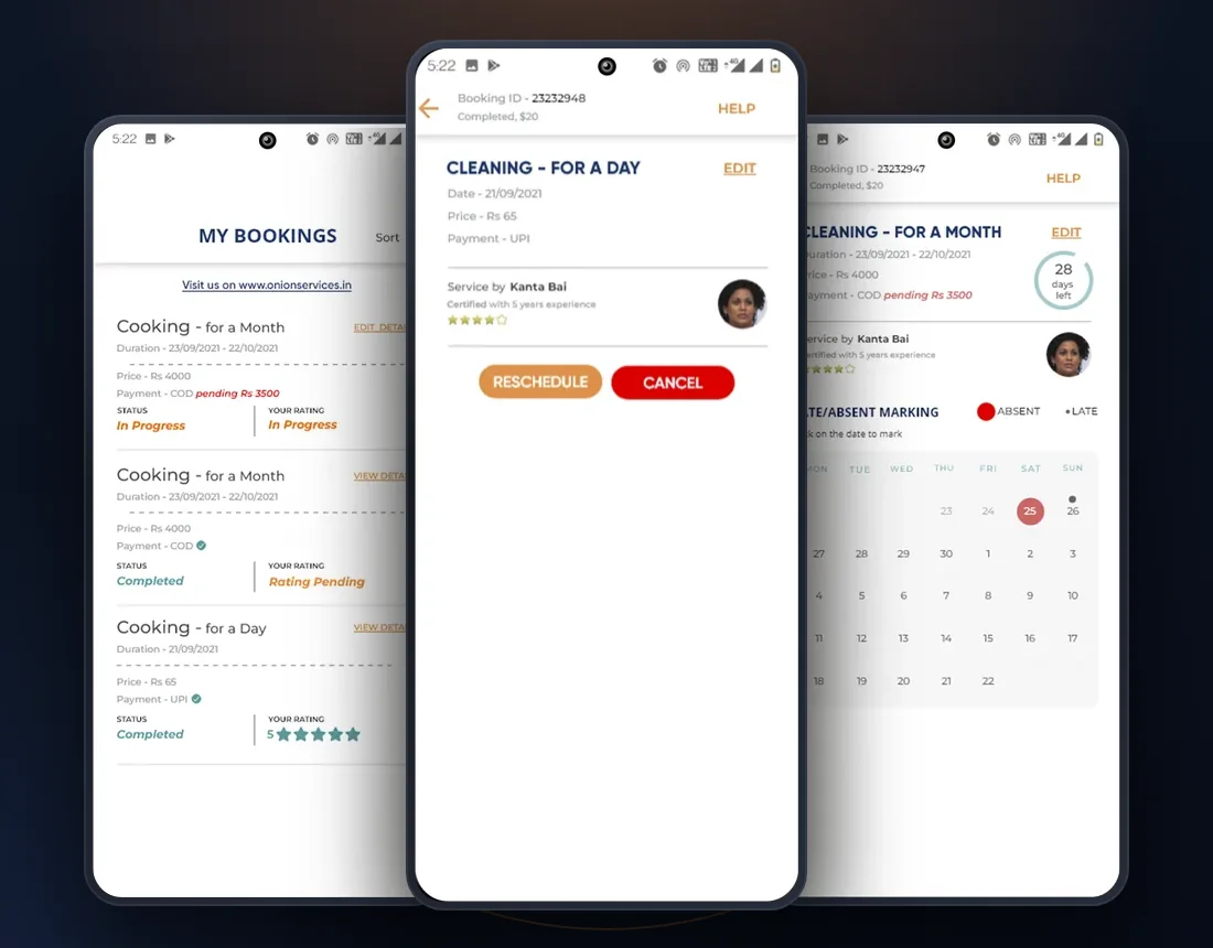 Onion app my bookings list, booking detail with reschedule and cancel, and a monthly attendance calendar with late and absent marking