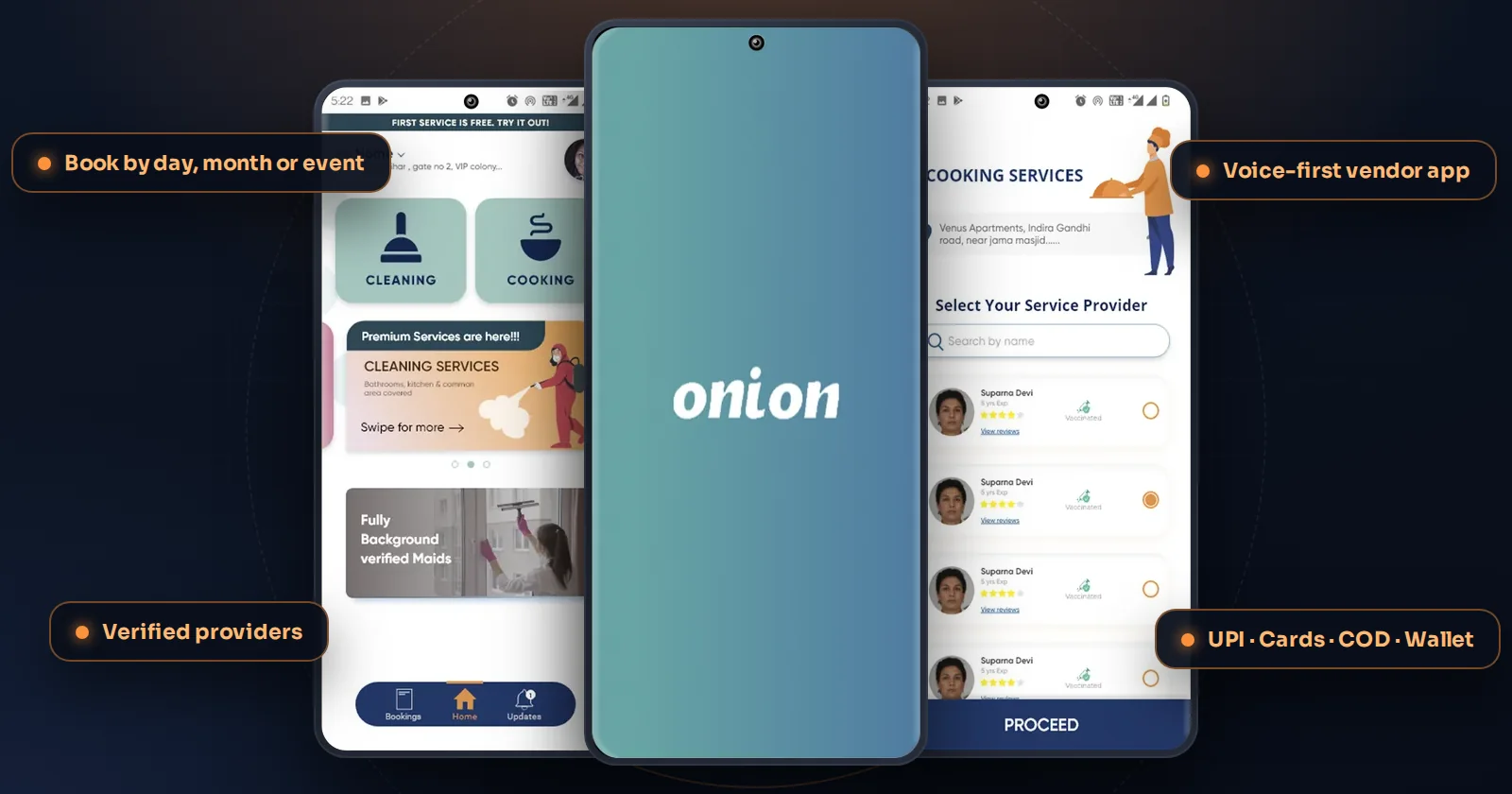 Onion home services app built by Technosquare: home screen with cleaning and cooking, app splash and service provider selection