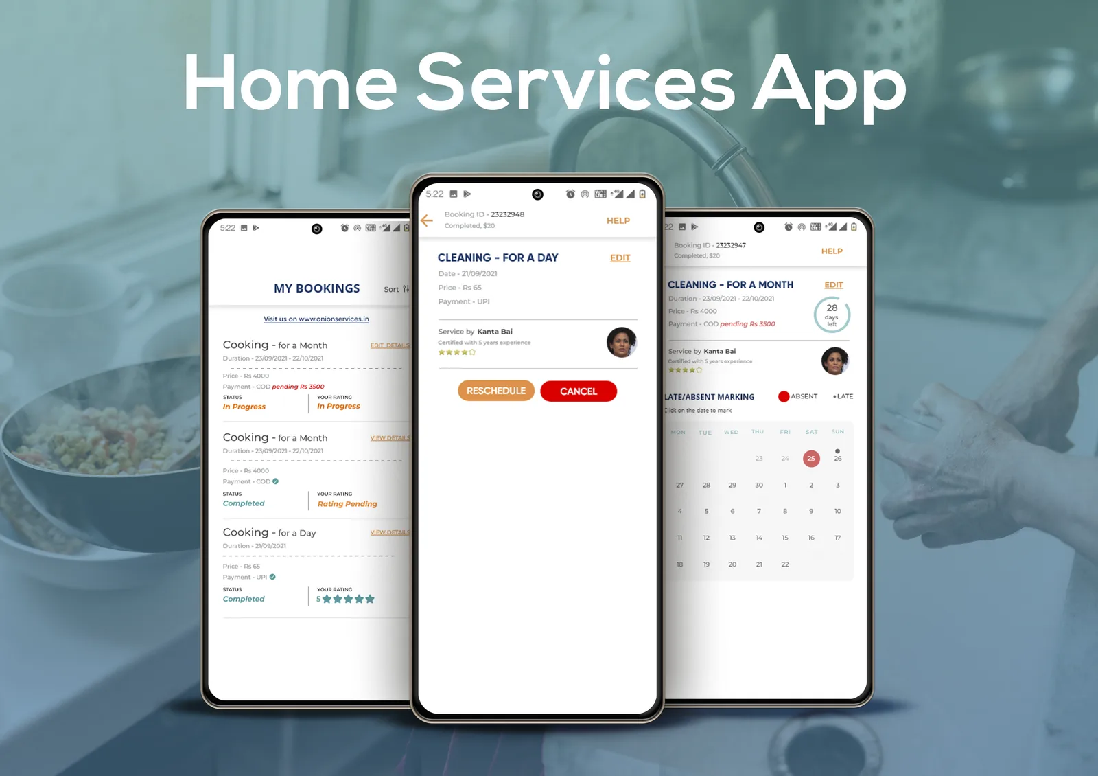 Onion bookings management with status, ratings and attendance calendar