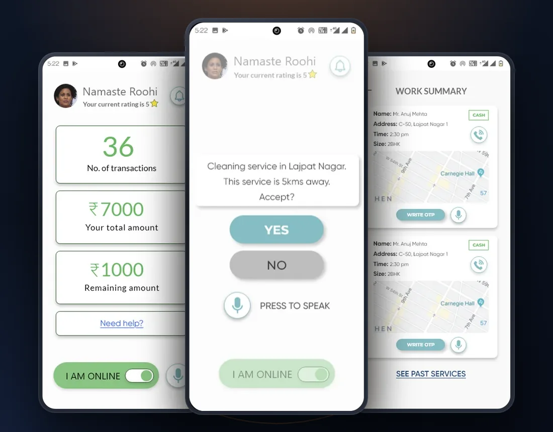 Onion vendor app showing earnings summary, a spoken job offer with yes and no buttons, and a work summary with OTP completion
