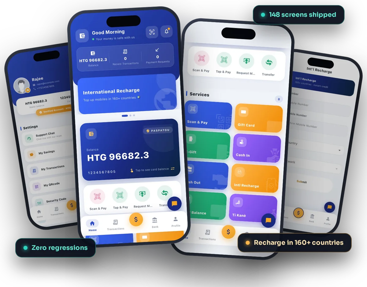 Paspatou digital wallet app designed and built by Technosquare: wallet home with balance, services grid, international recharge and profile screens