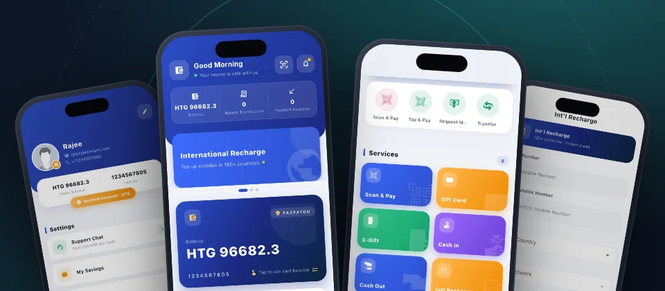 Paspatou digital wallet app developed by Technosquare: wallet balance, services, international recharge and profile screens