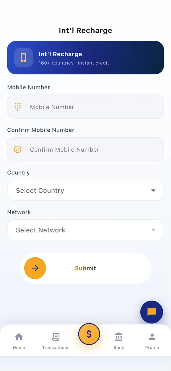 Paspatou wallet app international mobile recharge form with country and network selection