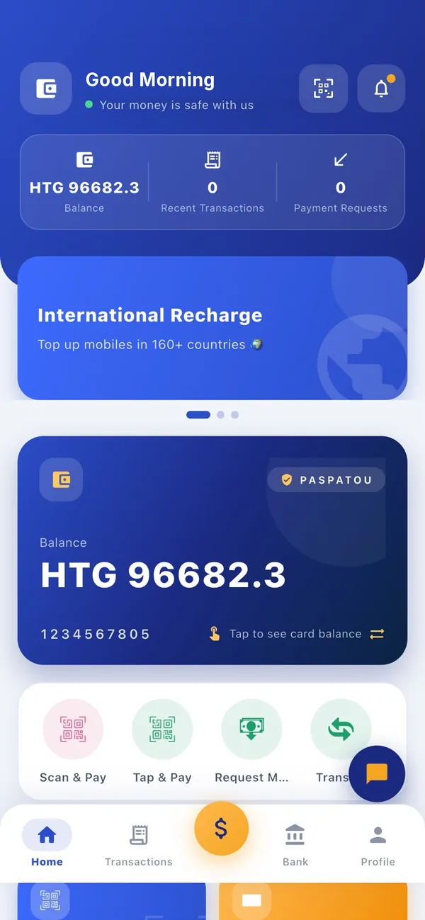Paspatou wallet app home screen with balance card, recent transactions, payment requests and scan, tap and transfer actions