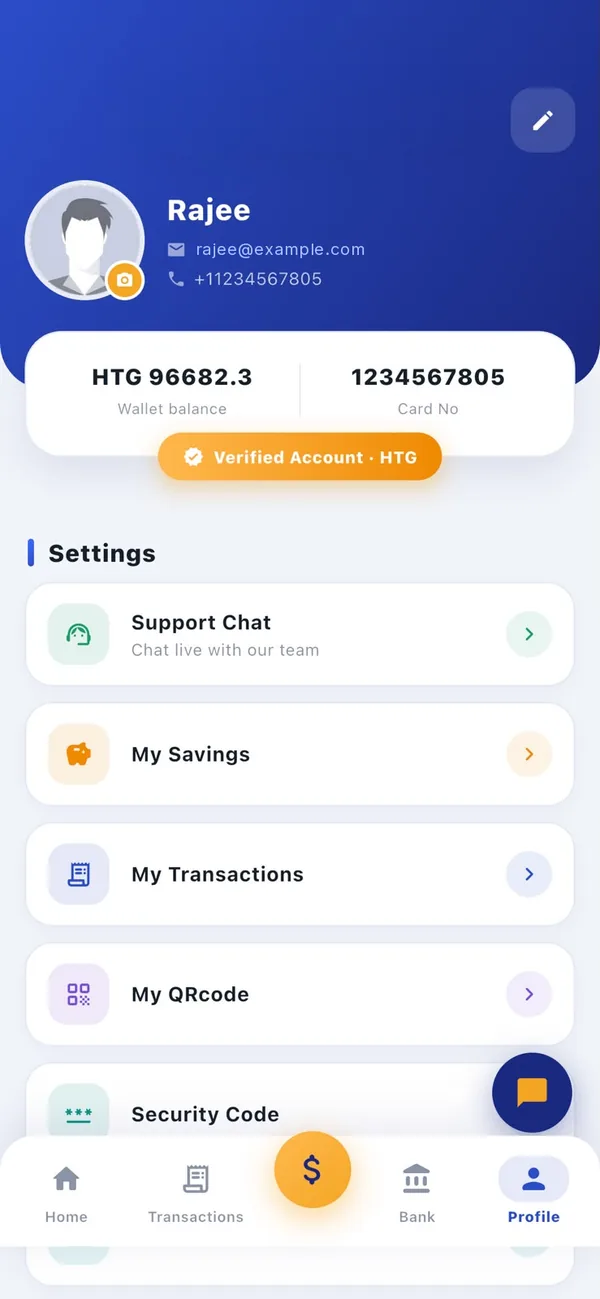Paspatou wallet app profile screen with verified account badge, wallet balance, savings, transactions and QR code settings