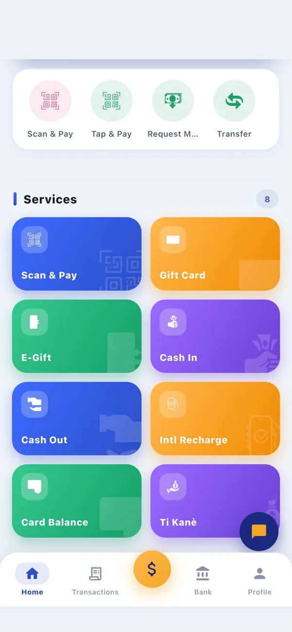Paspatou wallet app services screen with scan and pay, gift card, e-gift, cash in, cash out, international recharge and card balance