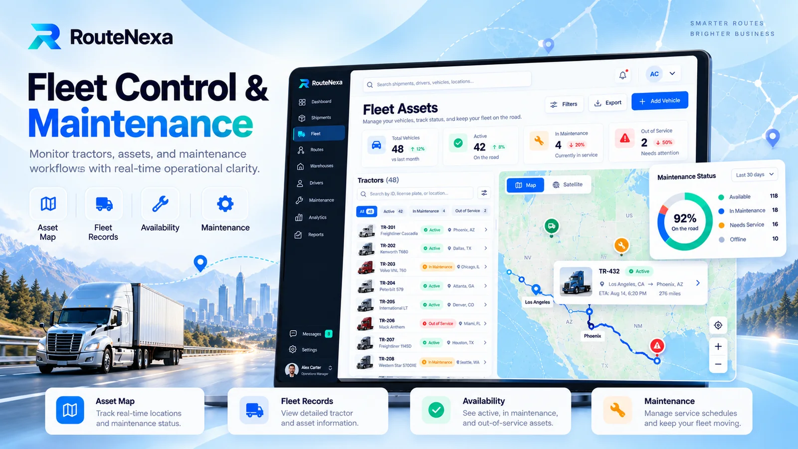 RouteNexa fleet assets screen with tractor list, asset map and maintenance status chart