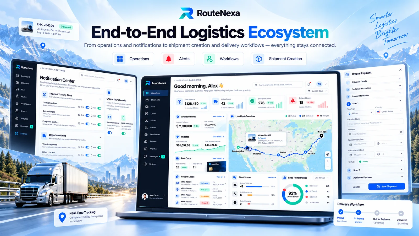 RouteNexa operations dashboard between the notification center and the multi-stop create shipment form