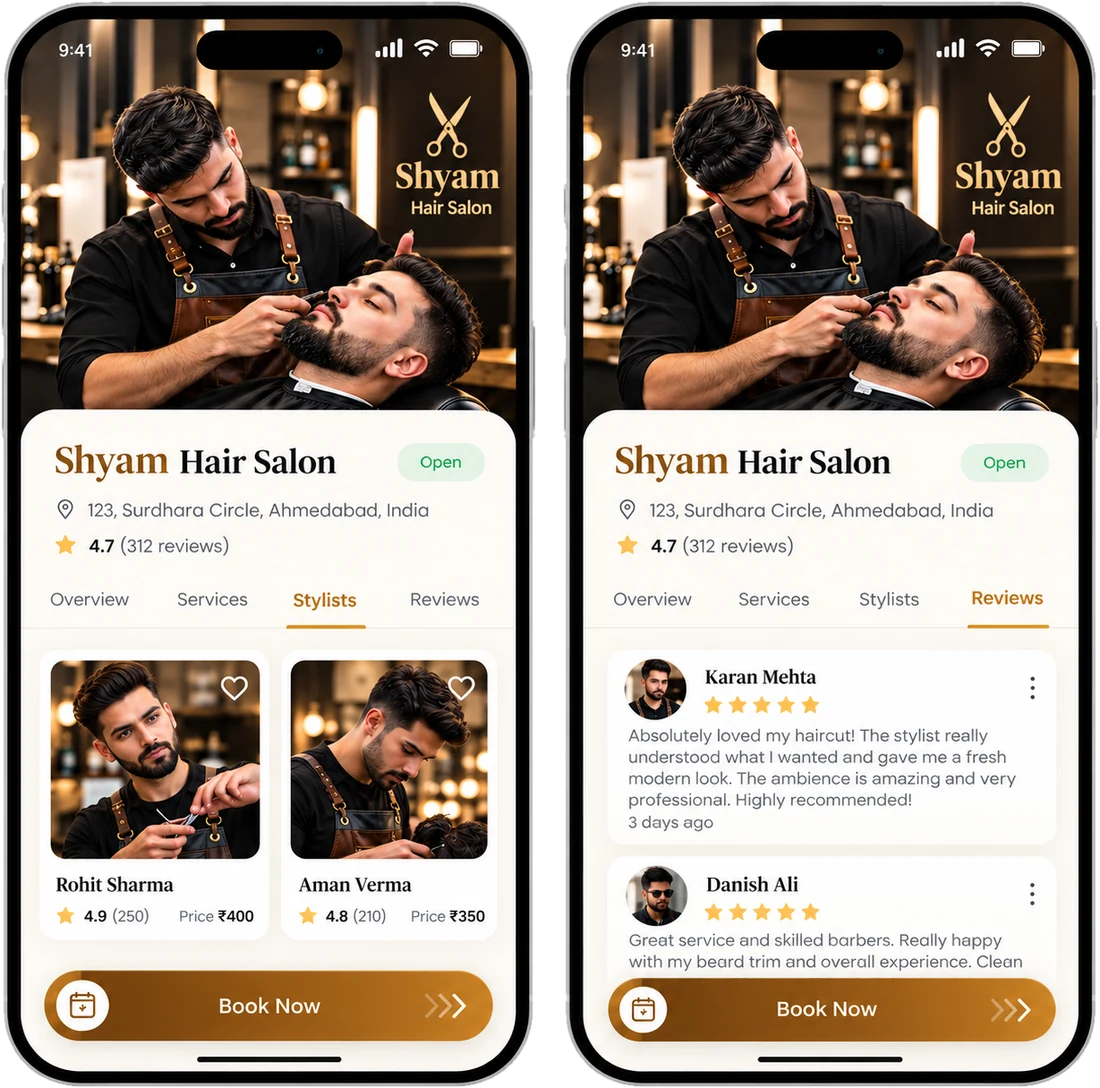 Barbershop profile in the salon booking app showing stylist cards with ratings and prices, and the customer reviews tab