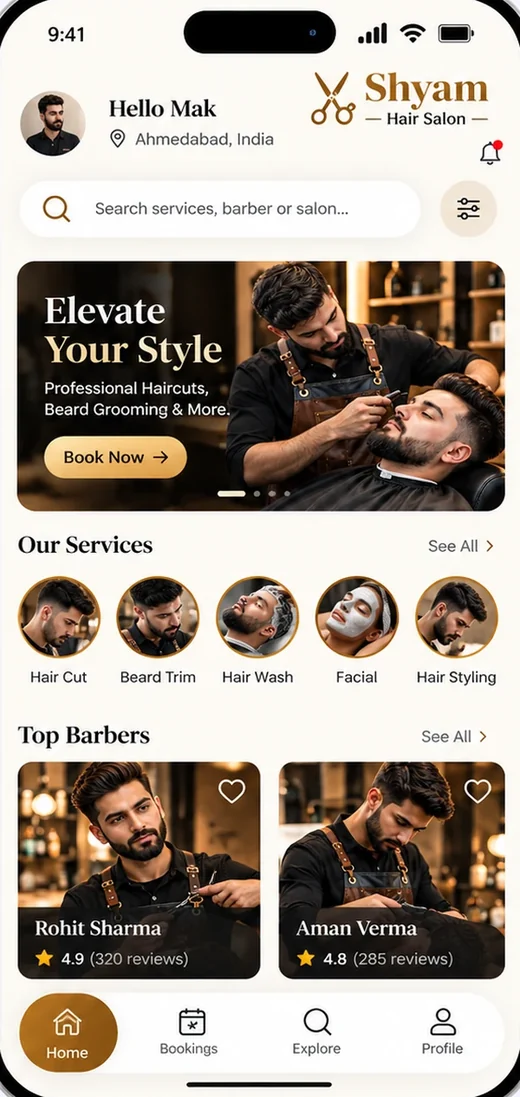 Shyam Hair Salon booking app home screen with services and top barbers, built by Technosquare
