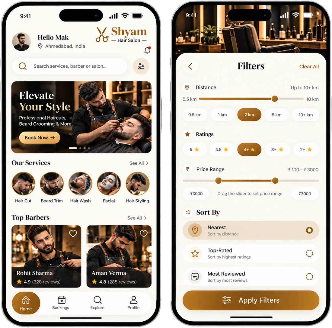 Salon booking app home screen with services and top barbers, next to the filters for distance, rating, price range and sort order