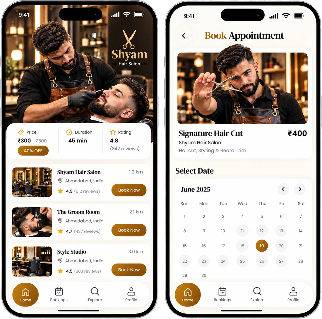 Salon booking app list of nearby barbershops with distance and rating, and the book appointment screen with a date picker