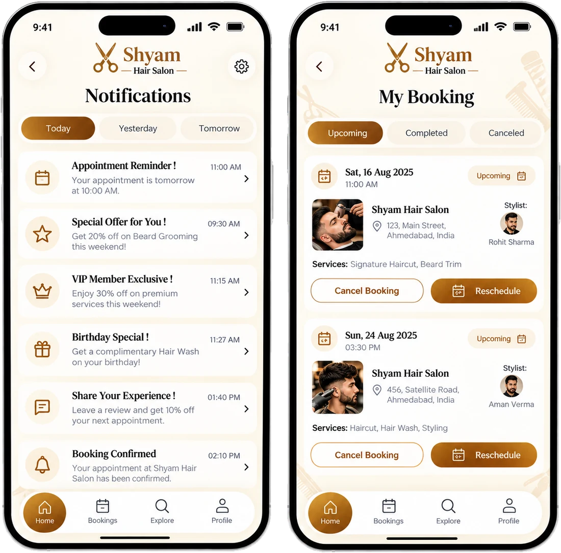 Salon booking app notifications with appointment reminder and offers, and the my bookings screen with cancel and reschedule buttons