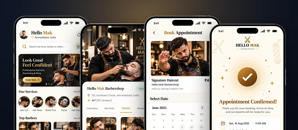 Shyam Hair Salon booking app screens built by Technosquare