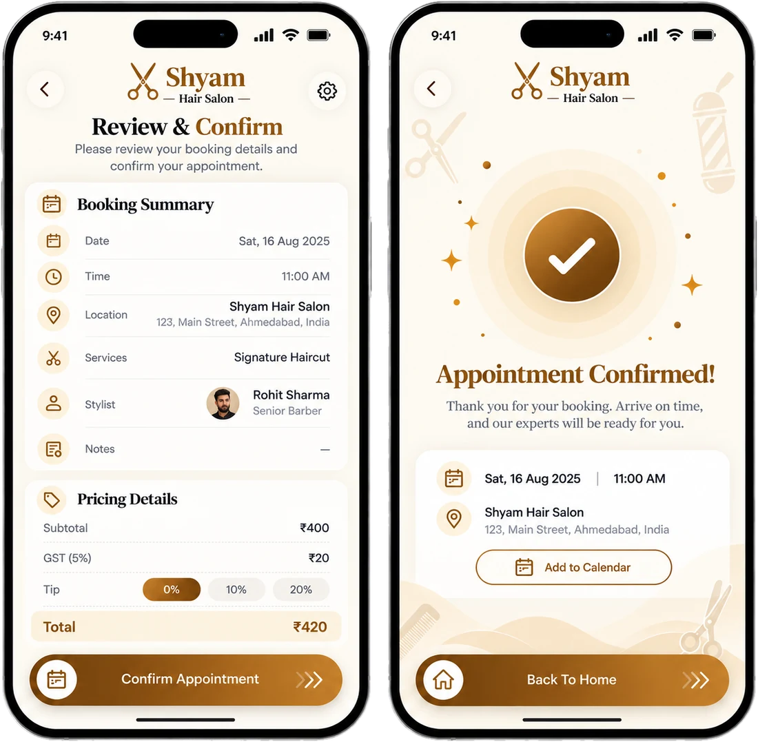 Salon booking review and confirm screen with GST and tip options, next to the appointment confirmed screen with add to calendar